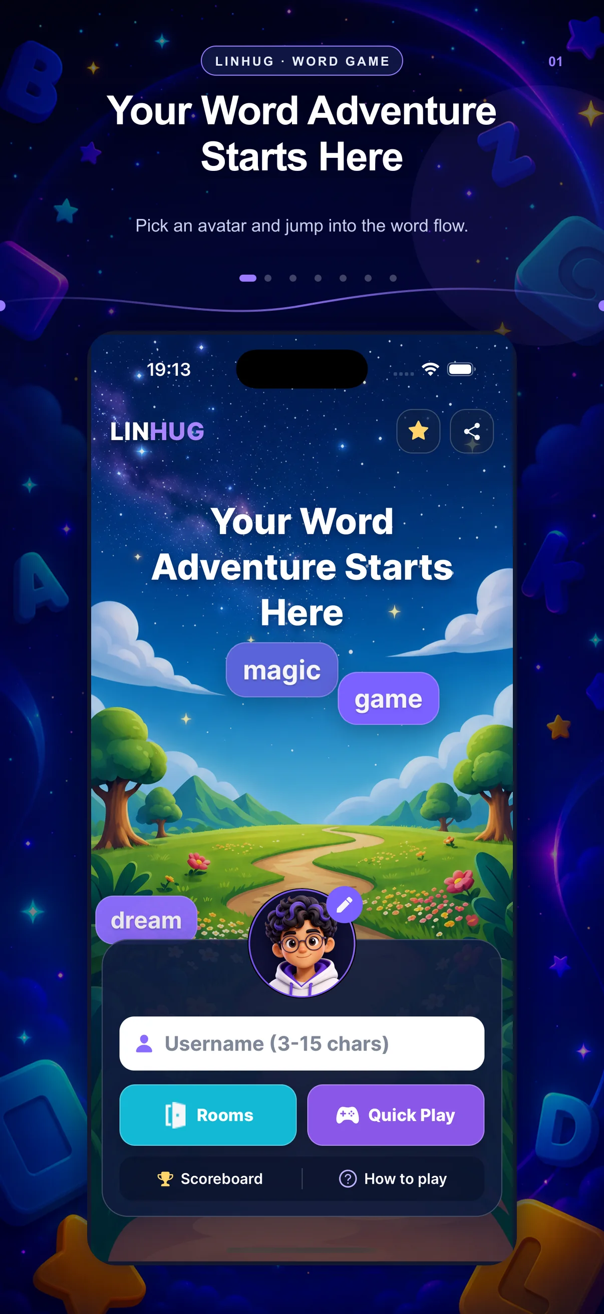 LinHug home screen — Your Word Adventure Starts Here