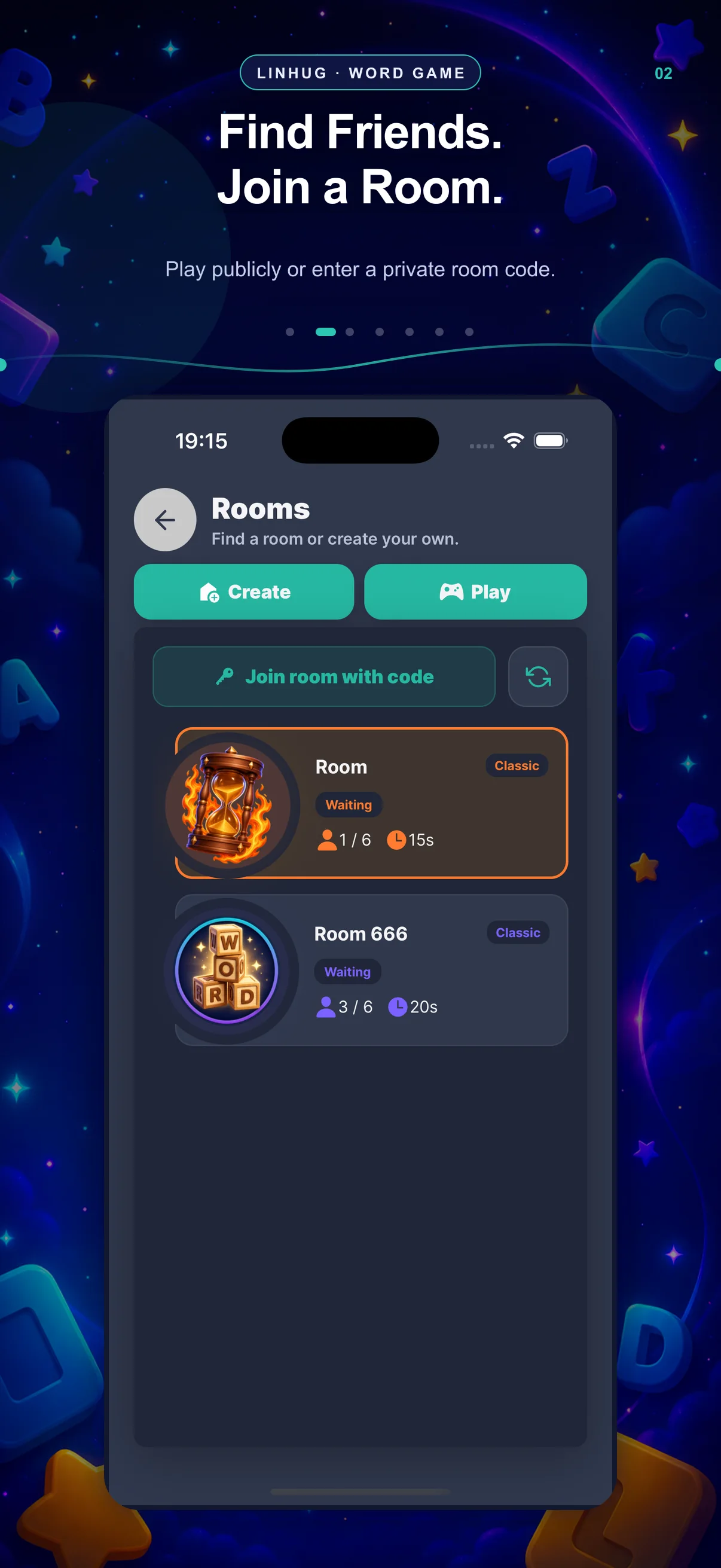LinHug rooms screen — Find Friends and Join a Room