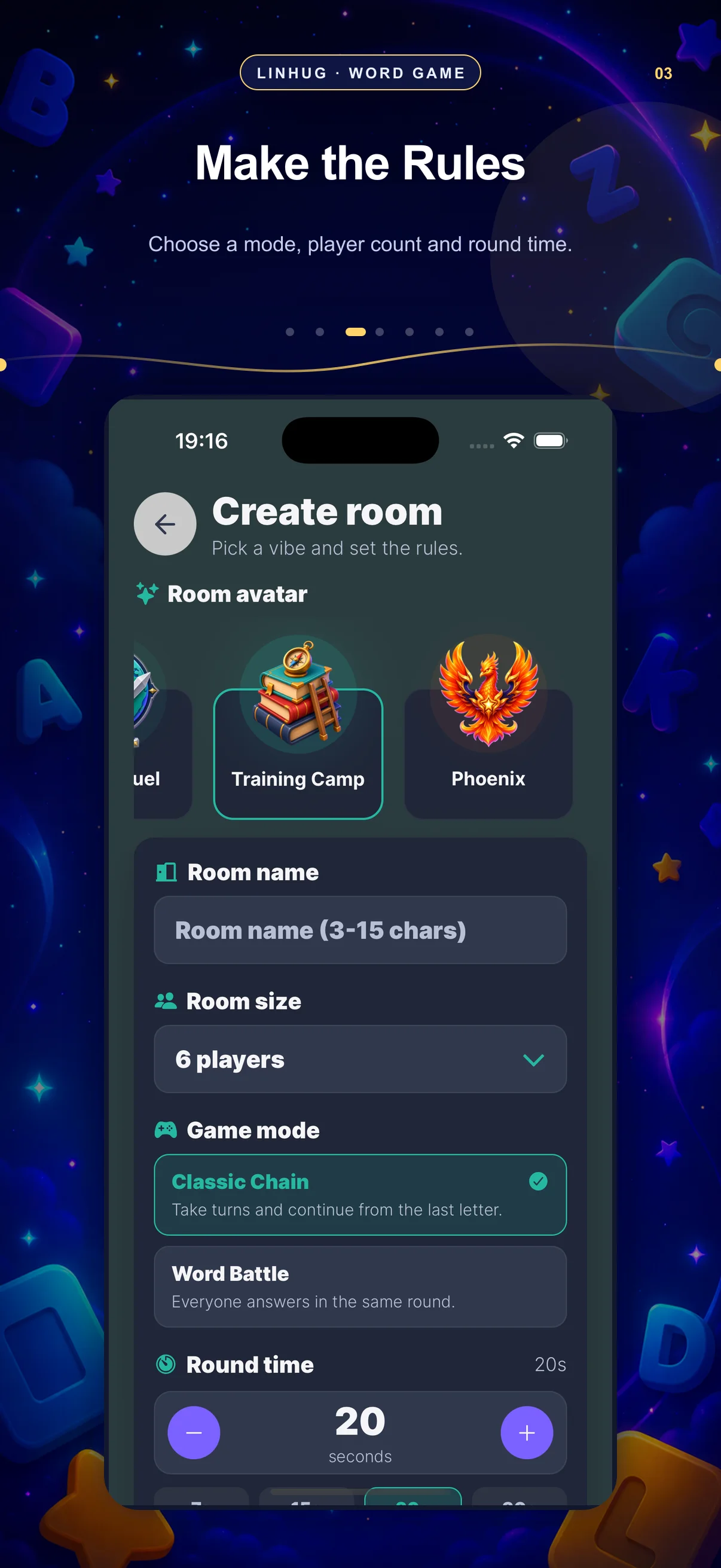 LinHug create room screen — Make the Rules