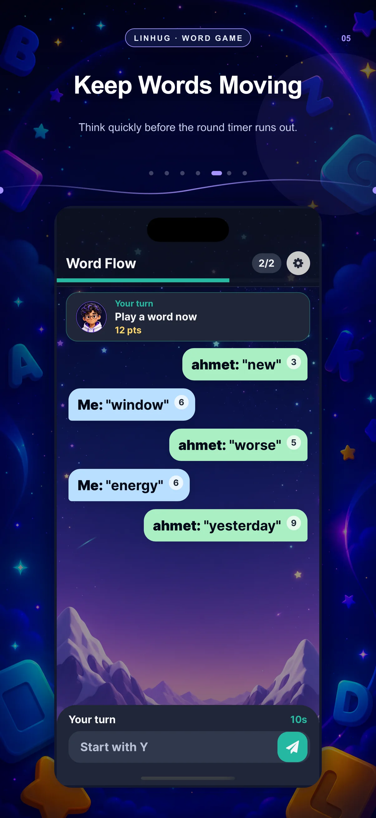 LinHug gameplay screen — Keep Words Moving